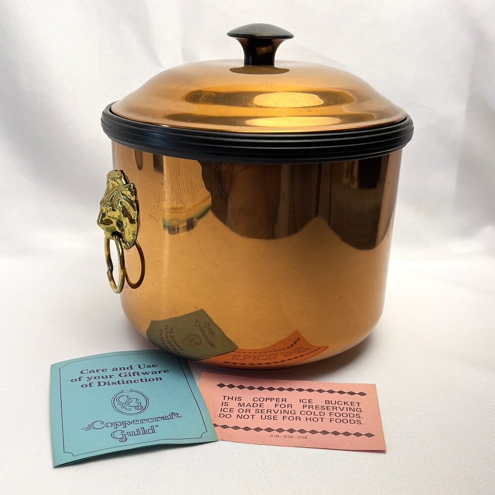 Vintage Coppercraft Guild Copper Ice Bucket Lion Head O Ring Handles Lid Barware
